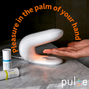 Pulse lubricant warming system is displayed with the text "Pleasure in the palm of your hand"