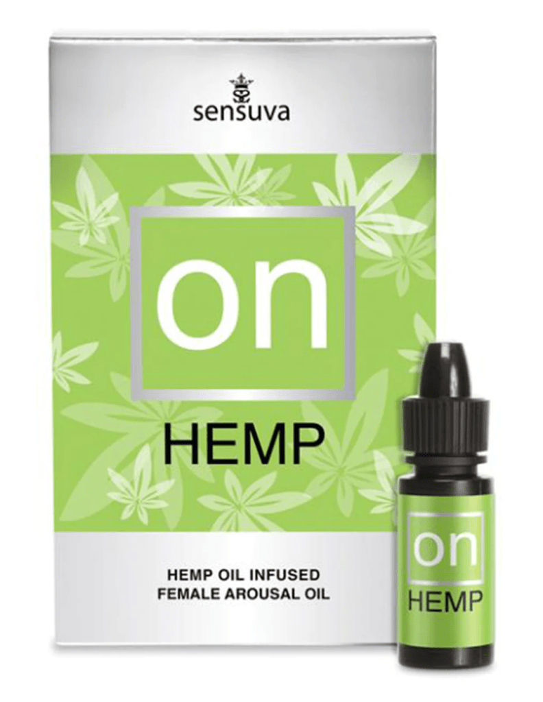 Sensuva packaging and bottle for hemp oil-infused female arousal oil at Hustler Hollywood.